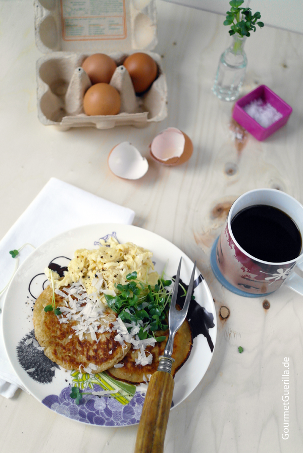 Parmesan pancakes with scrambled eggs and shiso cress